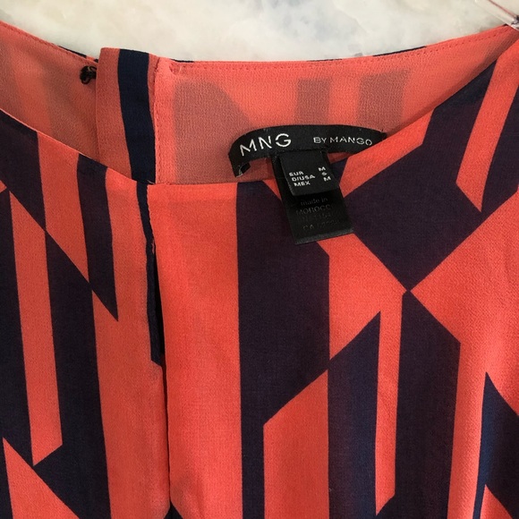 MNG by Mango Geometric Navy/Coral Cap sleeve Key hole Front Sheath Dress Small - Picture 11 of 16